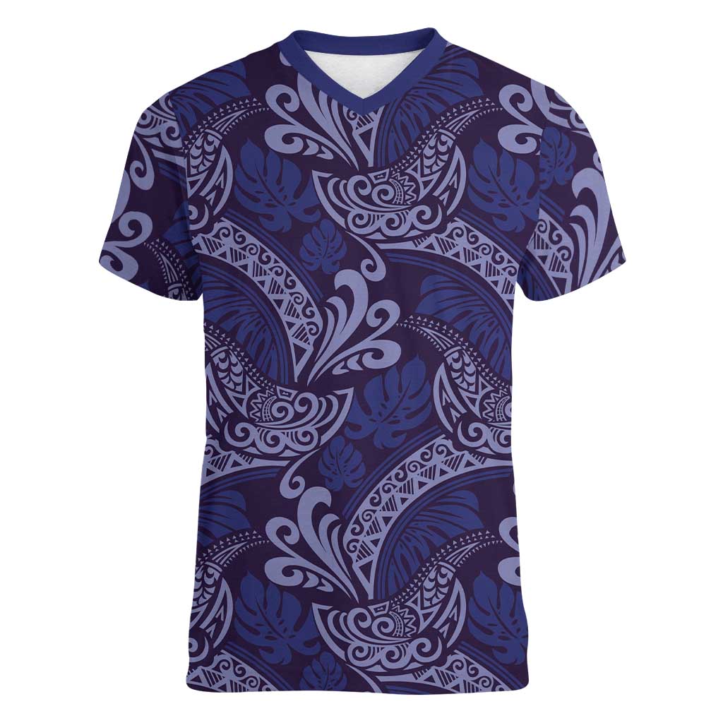 Deep Blue Monstera Women V-Neck T-Shirt Polynesian Tribal Pattern LT01 Female Blue - Polynesian Pride