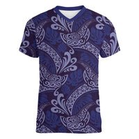 Deep Blue Monstera Women V-Neck T-Shirt Polynesian Tribal Pattern LT01 Female Blue - Polynesian Pride