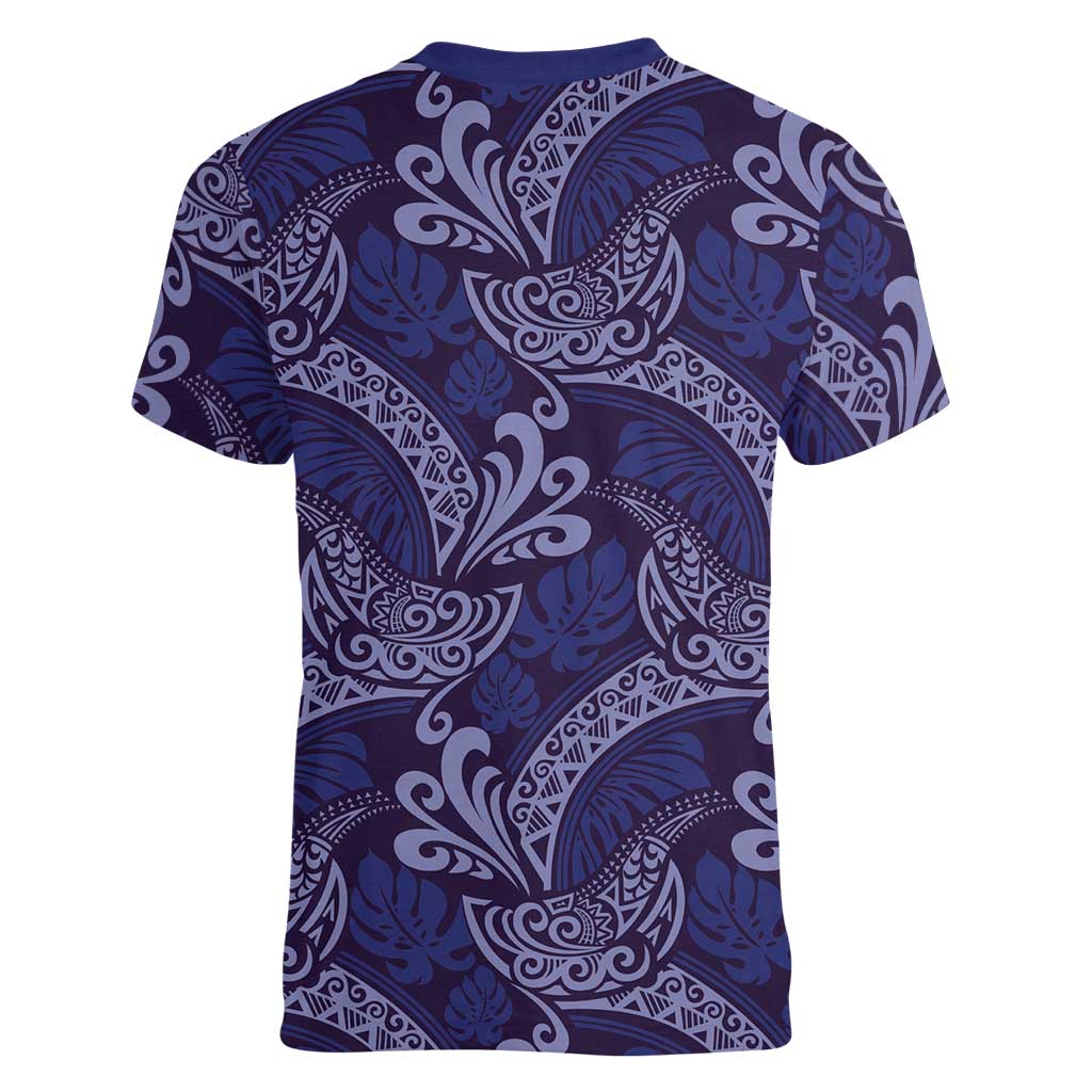 Deep Blue Monstera Women V-Neck T-Shirt Polynesian Tribal Pattern LT01 - Polynesian Pride