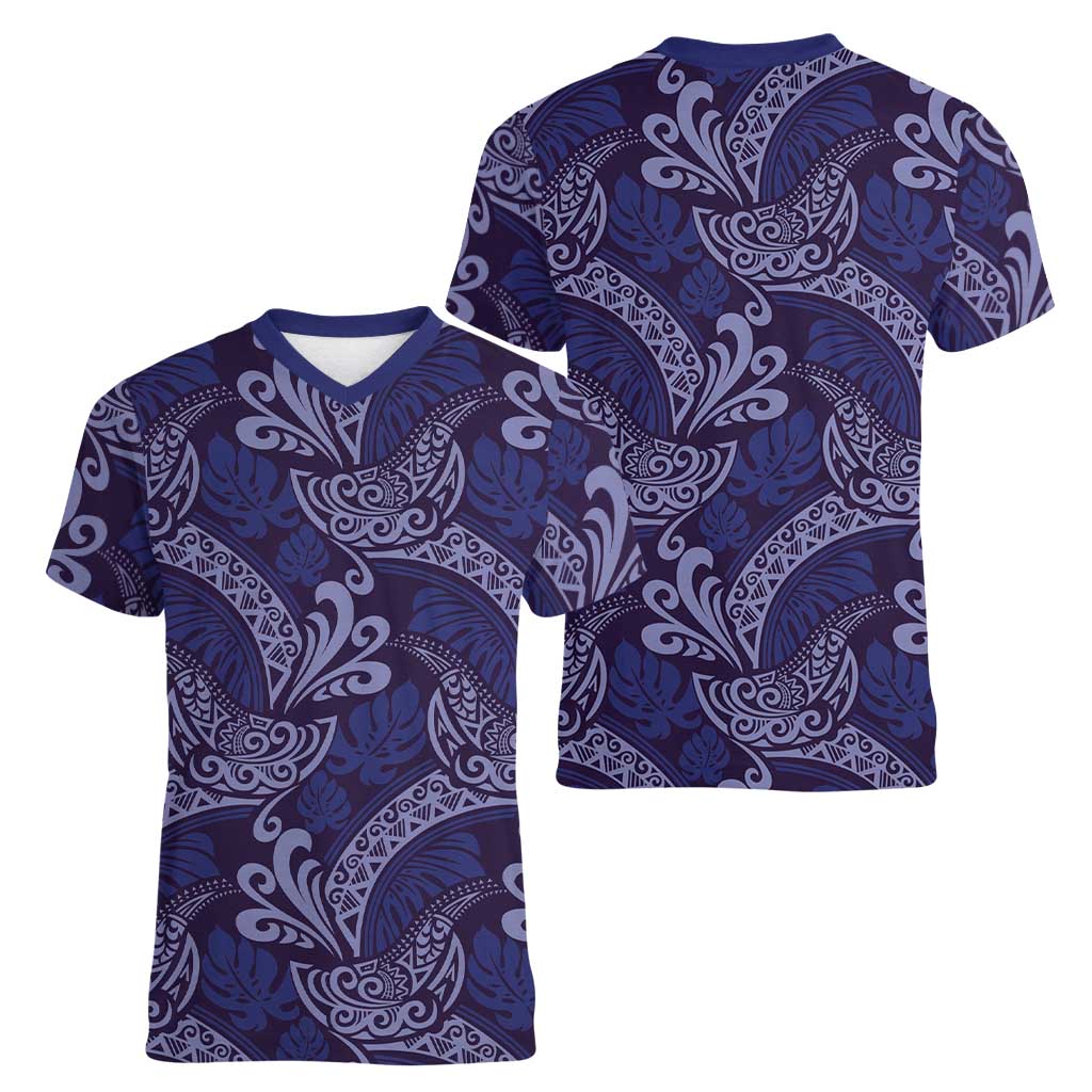 Deep Blue Monstera Women V-Neck T-Shirt Polynesian Tribal Pattern LT01 - Polynesian Pride