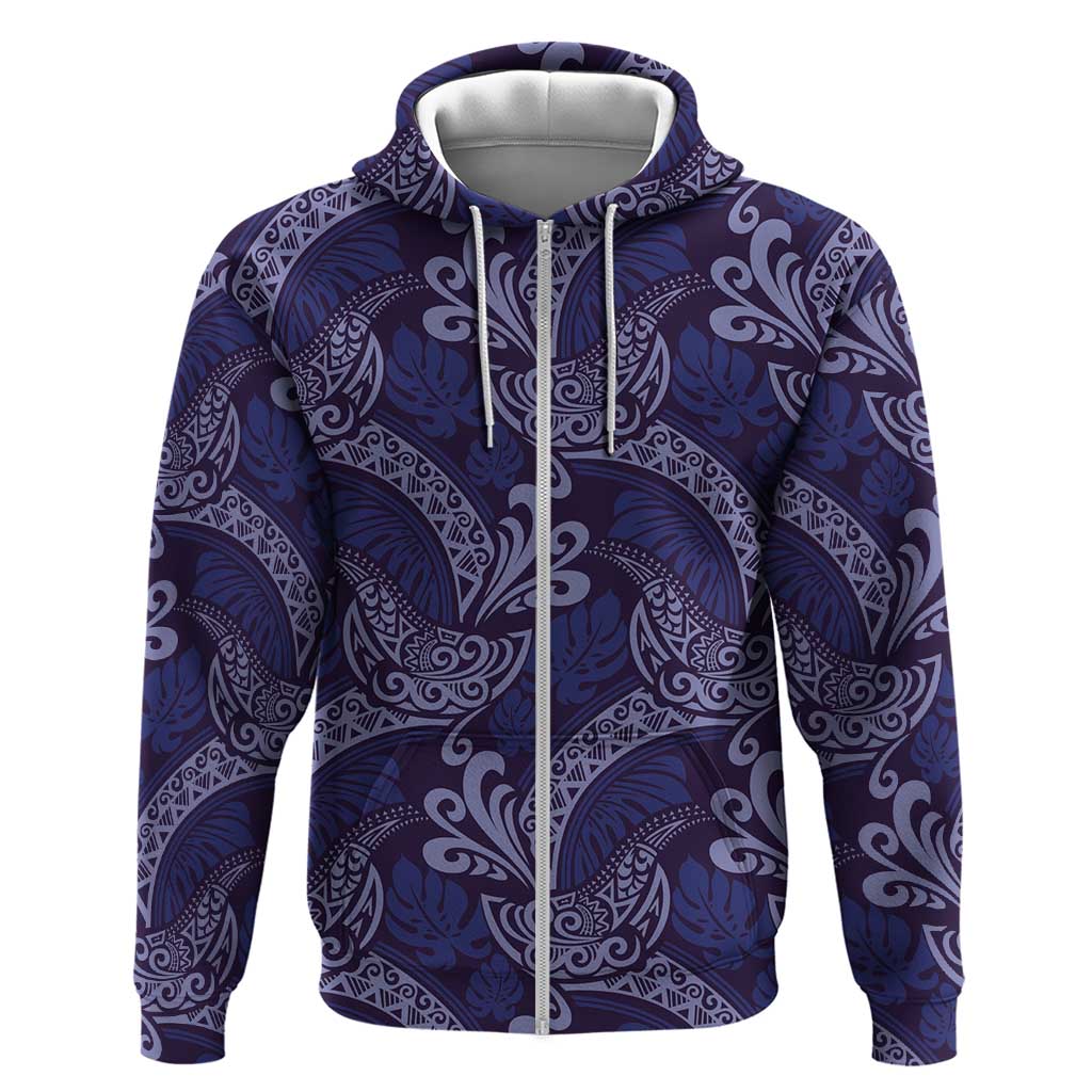 Deep Blue Monstera Zip Hoodie Polynesian Tribal Pattern LT01 Zip Hoodie Blue - Polynesian Pride