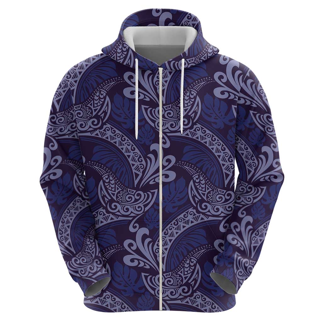 Deep Blue Monstera Zip Hoodie Polynesian Tribal Pattern LT01 - Polynesian Pride