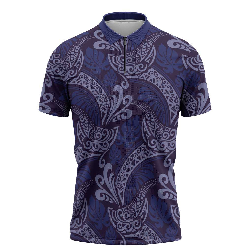 Deep Blue Monstera Zipper Polo Shirt Polynesian Tribal Pattern LT01 Blue - Polynesian Pride