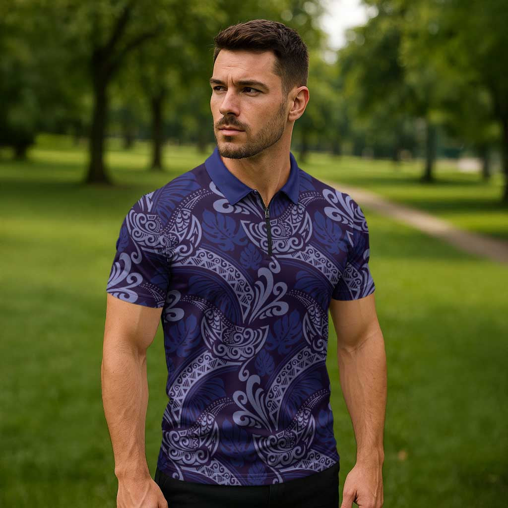 Deep Blue Monstera Zipper Polo Shirt Polynesian Tribal Pattern LT01 - Polynesian Pride