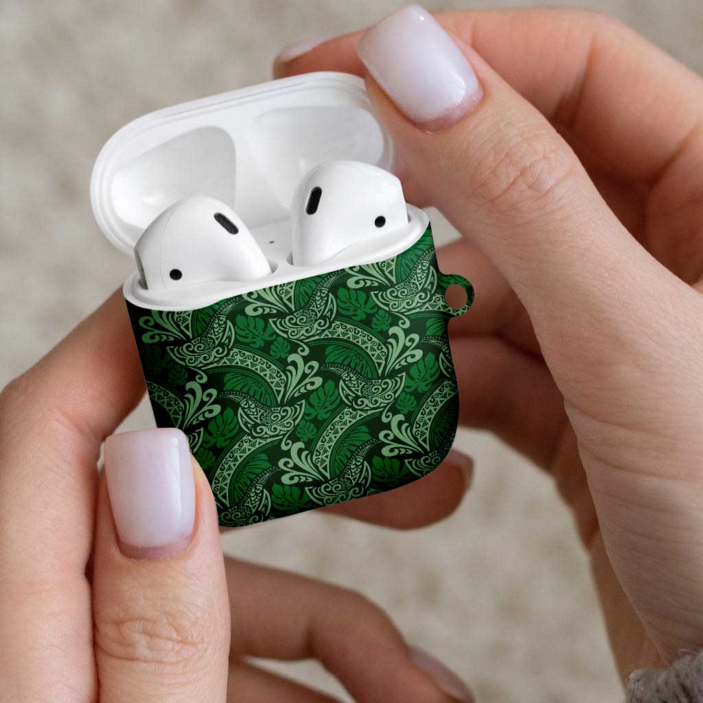 Forest Green Monstera AirPods Case Polynesian Tribal Pattern - Polynesian Pride