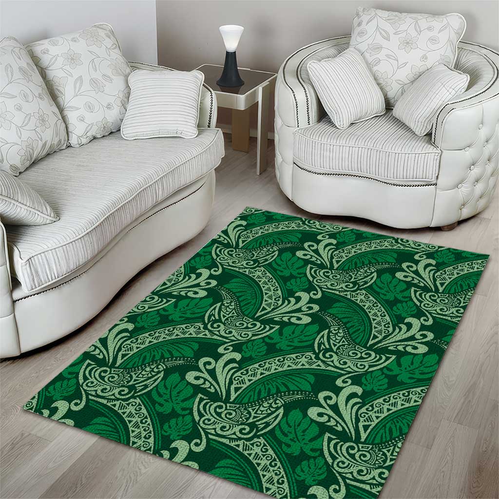 Forest Green Monstera Area Rug Polynesian Tribal Pattern - Polynesian Pride
