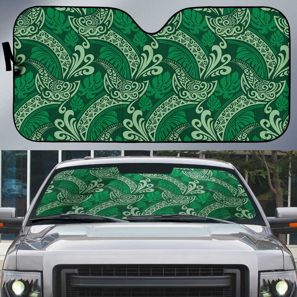 Forest Green Monstera Auto Sun Shade Polynesian Tribal Pattern - Polynesian Pride