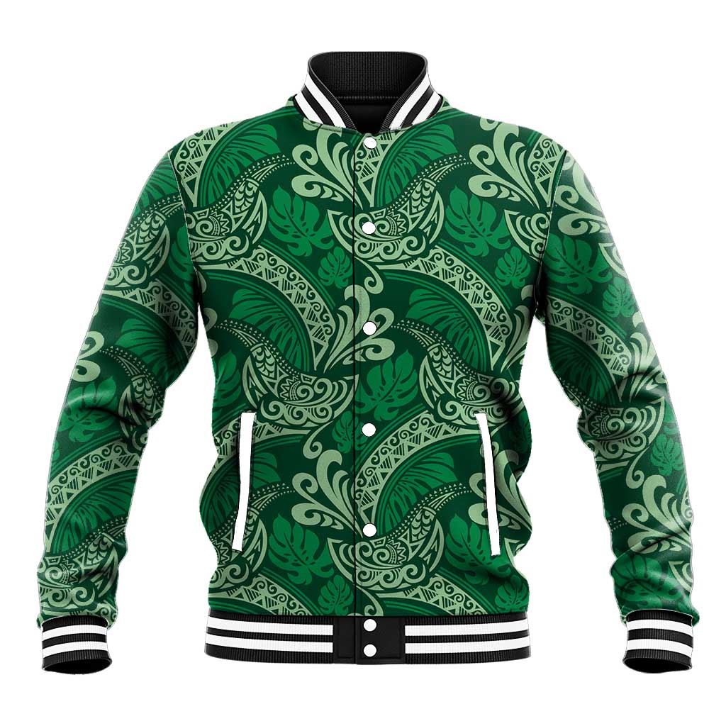 Forest Green Monstera Baseball Jacket Polynesian Tribal Pattern LT01 Unisex Green - Polynesian Pride