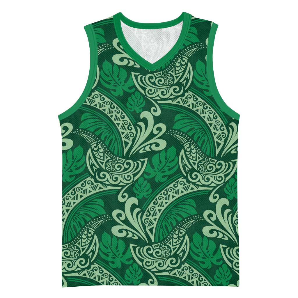Forest Green Monstera Basketball Jersey Polynesian Tribal Pattern LT01 Unisex Green - Polynesian Pride