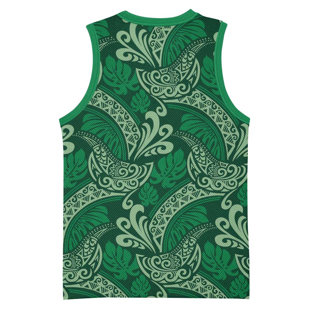 Forest Green Monstera Basketball Jersey Polynesian Tribal Pattern LT01 - Polynesian Pride