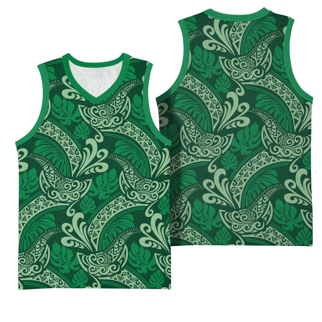 Forest Green Monstera Basketball Jersey Polynesian Tribal Pattern LT01 - Polynesian Pride