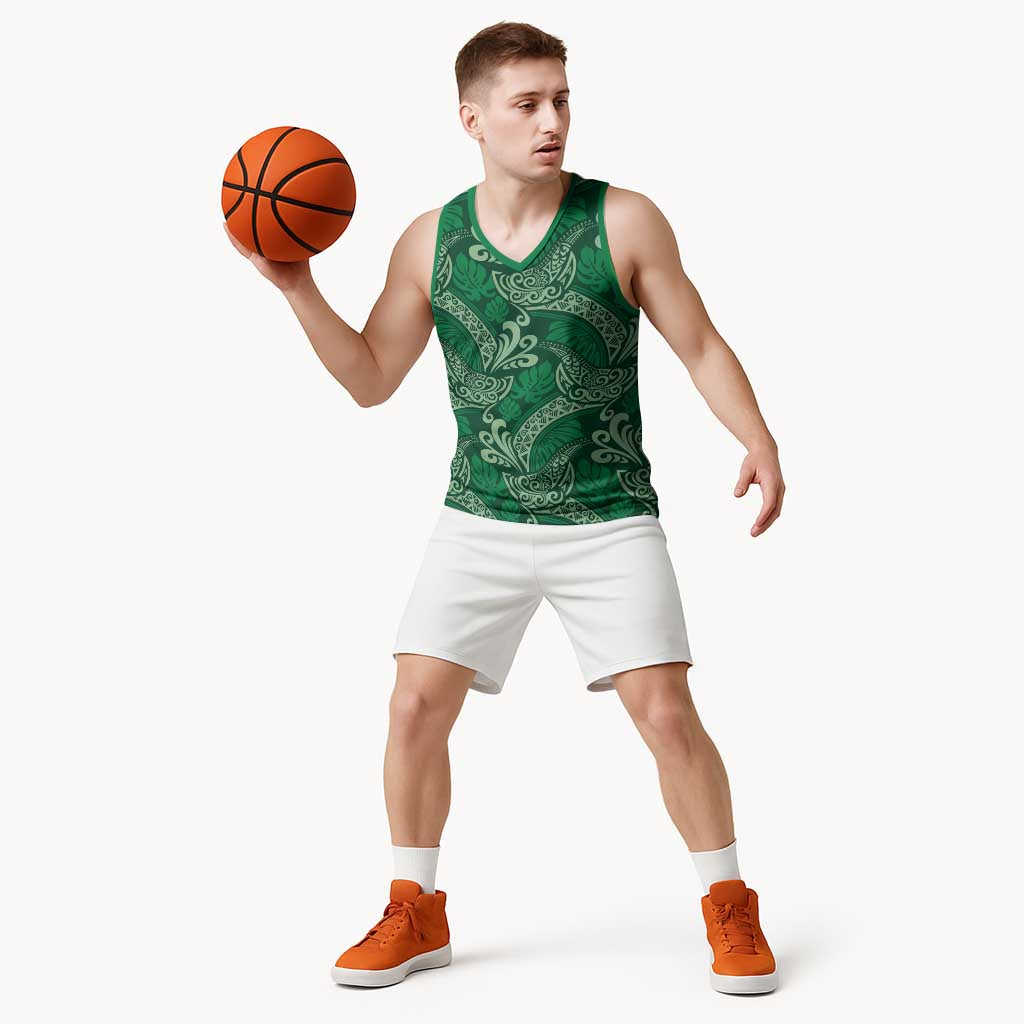 Forest Green Monstera Basketball Jersey Polynesian Tribal Pattern LT01 - Polynesian Pride