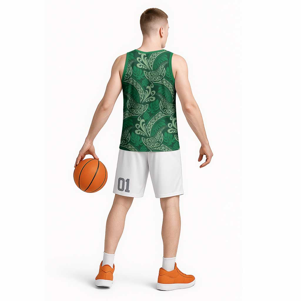 Forest Green Monstera Basketball Jersey Polynesian Tribal Pattern LT01 - Polynesian Pride
