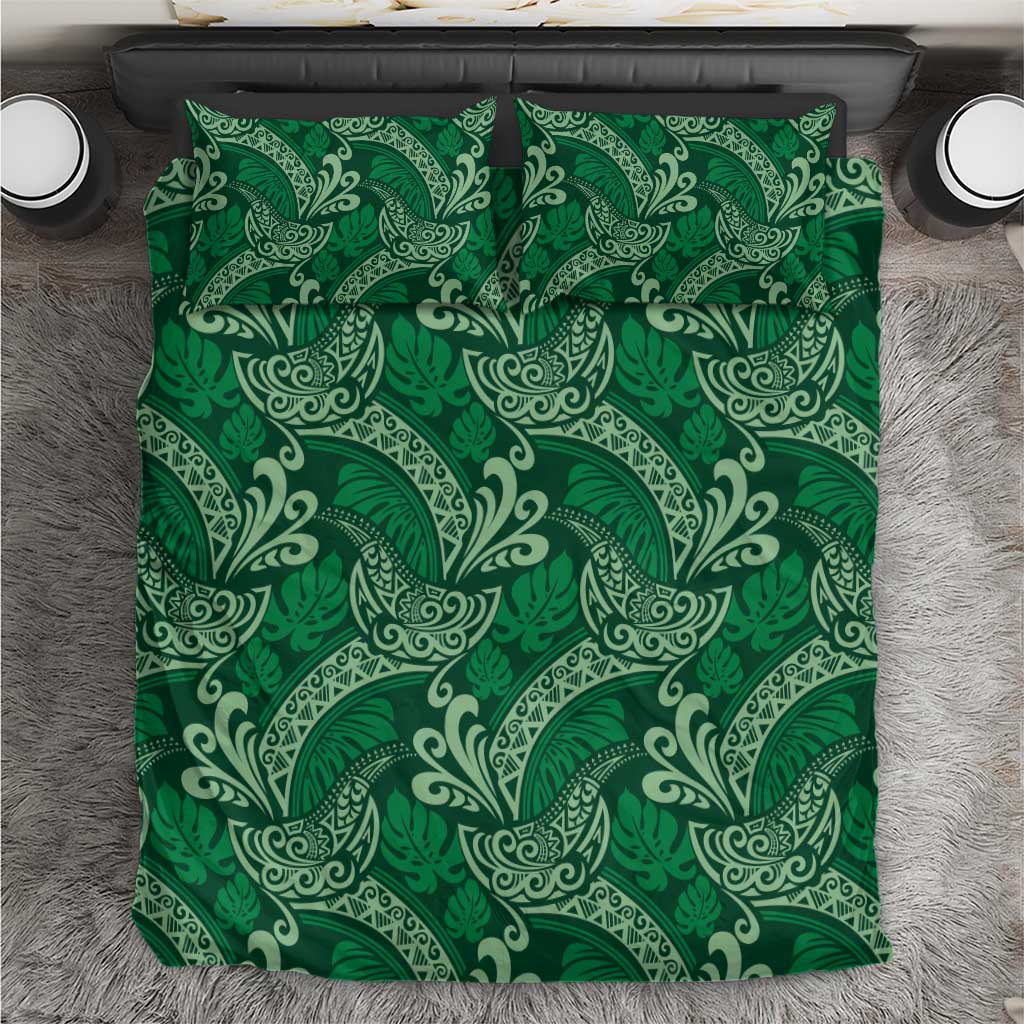 Forest Green Monstera Bedding Set Polynesian Tribal Pattern - Polynesian Pride