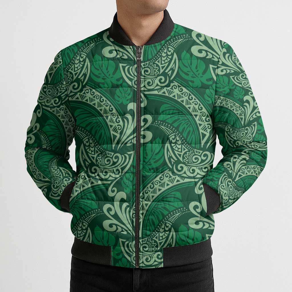 Forest Green Monstera Bomber Puffer Jacket Polynesian Tribal Pattern LT01 - Polynesian Pride