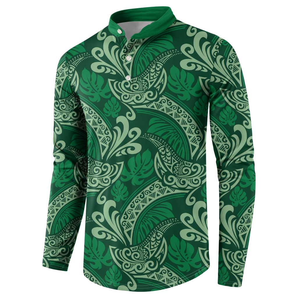 Forest Green Monstera Button Sweatshirt Polynesian Tribal Pattern LT01 - Polynesian Pride