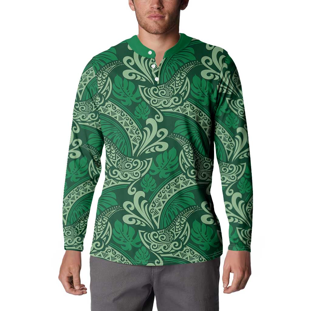 Forest Green Monstera Button Sweatshirt Polynesian Tribal Pattern LT01 - Polynesian Pride