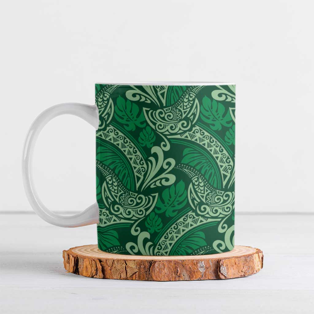 Forest Green Monstera Ceramic Mug Polynesian Tribal Pattern - Polynesian Pride