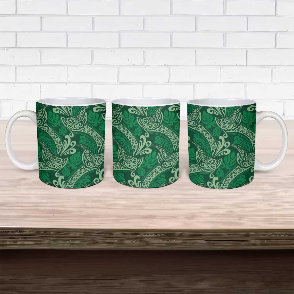 Forest Green Monstera Ceramic Mug Polynesian Tribal Pattern - Polynesian Pride
