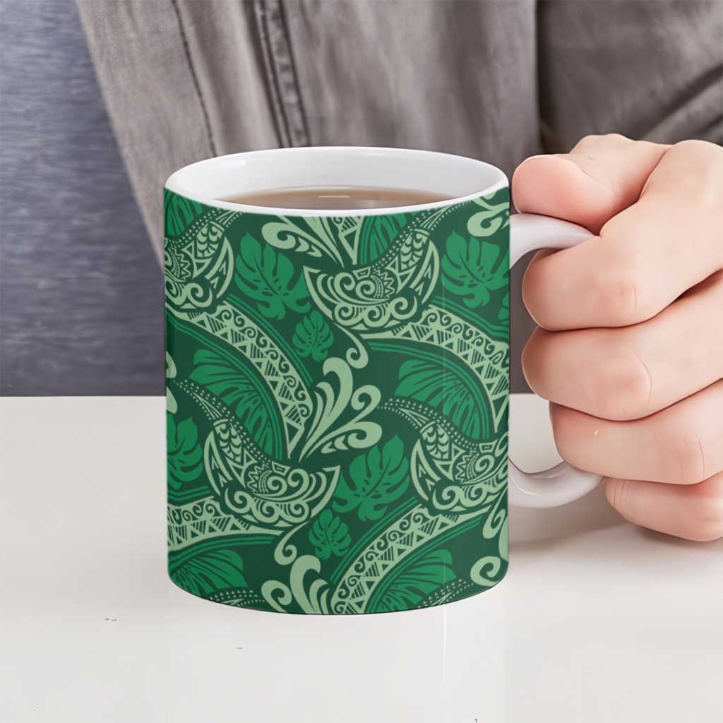 Forest Green Monstera Ceramic Mug Polynesian Tribal Pattern - Polynesian Pride