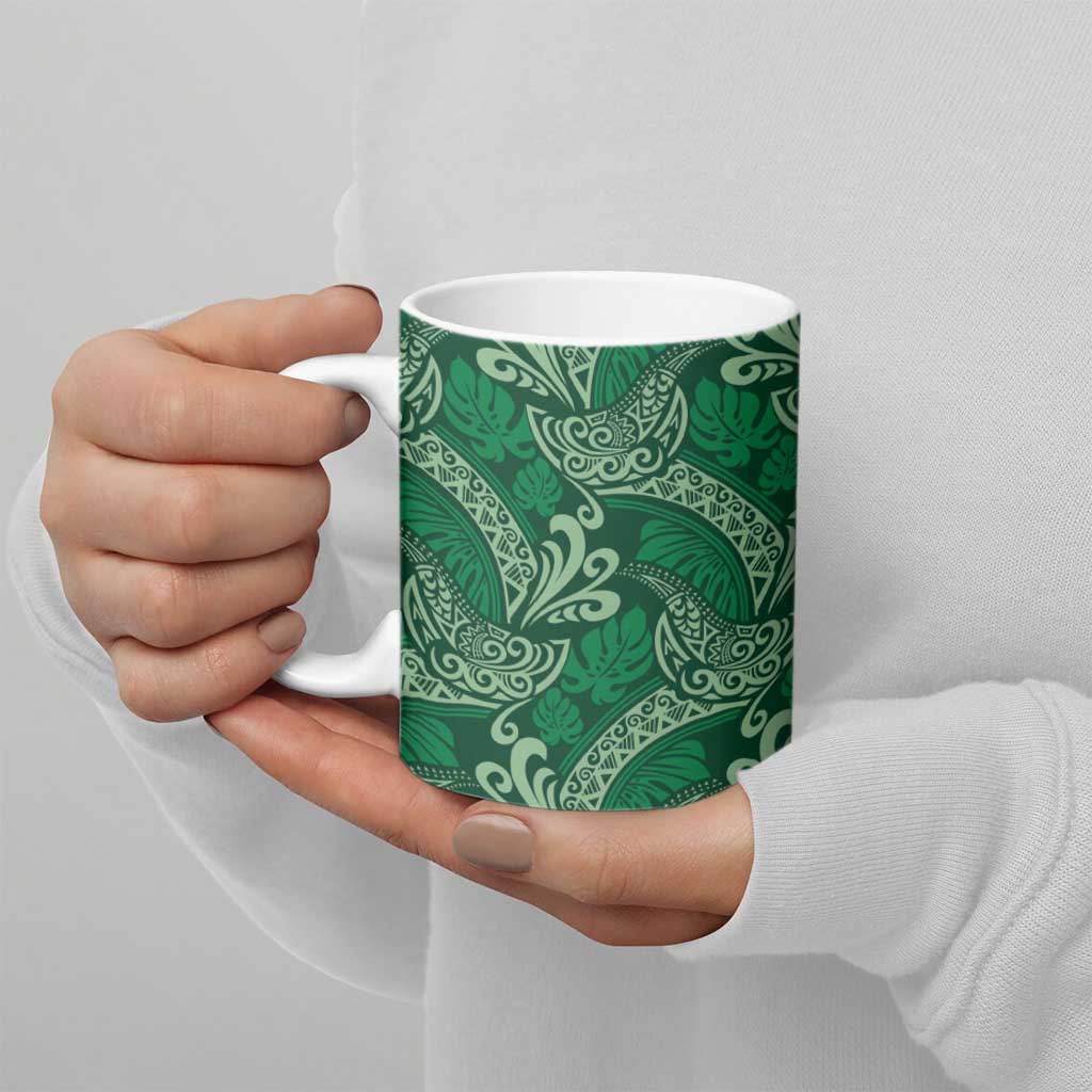 Forest Green Monstera Ceramic Mug Polynesian Tribal Pattern - Polynesian Pride