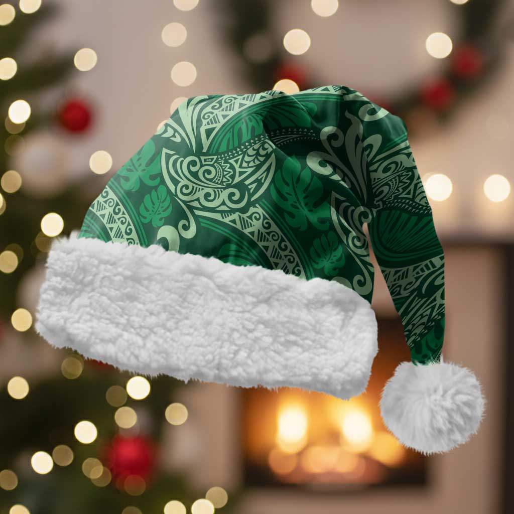 Forest Green Monstera Christmas Santa Hat Polynesian Tribal Pattern LT01 With Fur Green - Polynesian Pride