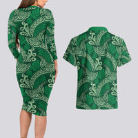 Forest Green Monstera Couples Matching Long Sleeve Bodycon Dress and Hawaiian Shirt Polynesian Tribal Pattern - Polynesian Pride
