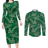 Forest Green Monstera Couples Matching Long Sleeve Bodycon Dress and Long Sleeve Button Shirt Polynesian Tribal Pattern LT01 Green - Polynesian Pride