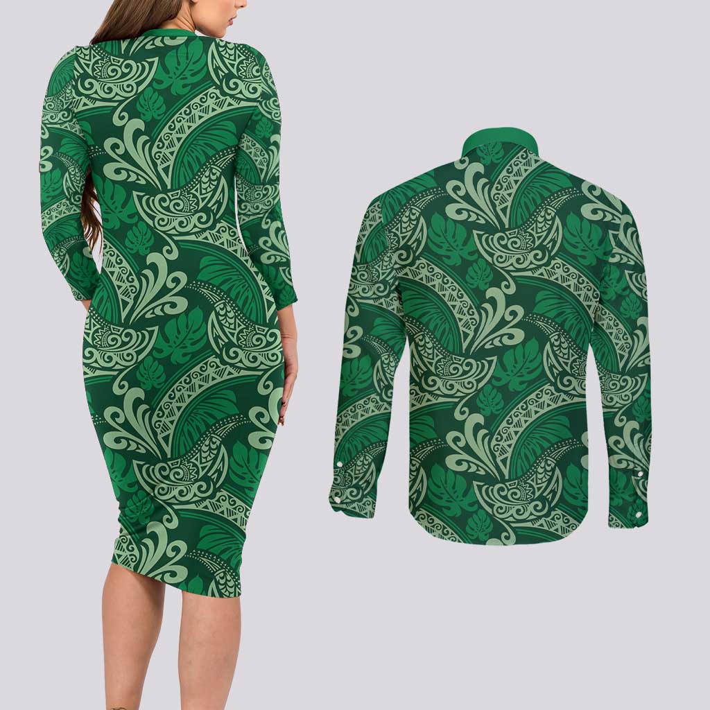Forest Green Monstera Couples Matching Long Sleeve Bodycon Dress and Long Sleeve Button Shirt Polynesian Tribal Pattern LT01 - Polynesian Pride