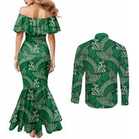 Forest Green Monstera Couples Matching Mermaid Dress and Long Sleeve Button Shirt Polynesian Tribal Pattern LT01 - Polynesian Pride