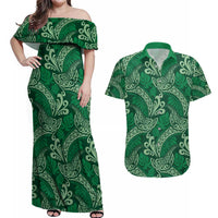 Forest Green Monstera Couples Matching Off Shoulder Maxi Dress and Hawaiian Shirt Polynesian Tribal Pattern LT01 Green - Polynesian Pride