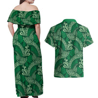 Forest Green Monstera Couples Matching Off Shoulder Maxi Dress and Hawaiian Shirt Polynesian Tribal Pattern LT01 - Polynesian Pride