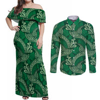 Forest Green Monstera Couples Matching Off Shoulder Maxi Dress and Long Sleeve Button Shirt Polynesian Tribal Pattern - Polynesian Pride