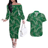 Forest Green Monstera Couples Matching Off The Shoulder Long Sleeve Dress and Hawaiian Shirt Polynesian Tribal Pattern - Polynesian Pride