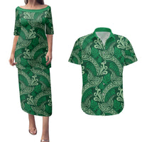 Forest Green Monstera Couples Matching Puletasi and Hawaiian Shirt Polynesian Tribal Pattern LT01 Green - Polynesian Pride