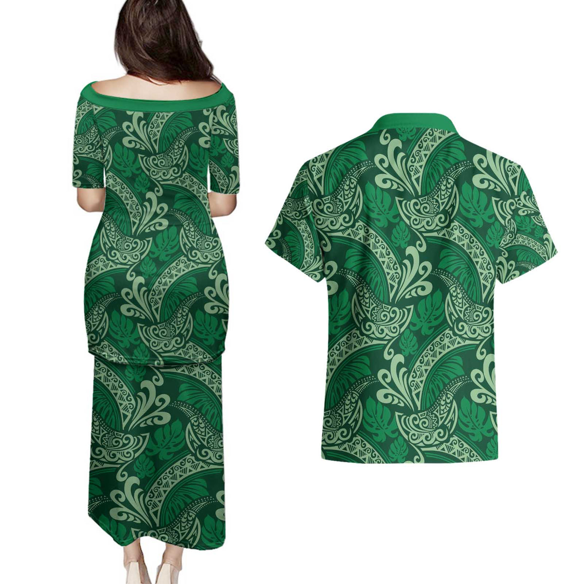Forest Green Monstera Couples Matching Puletasi and Hawaiian Shirt Polynesian Tribal Pattern LT01 - Polynesian Pride