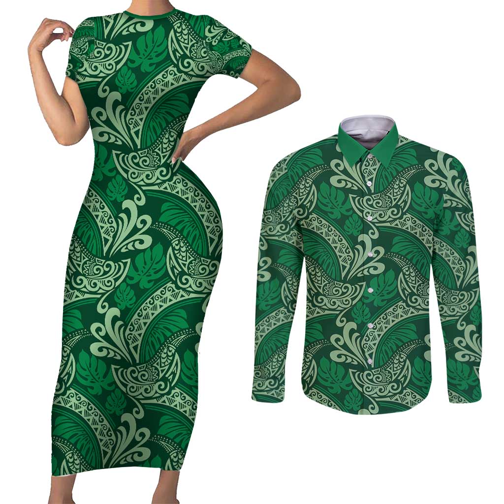 Forest Green Monstera Couples Matching Short Sleeve Bodycon Dress and Long Sleeve Button Shirt Polynesian Tribal Pattern - Polynesian Pride