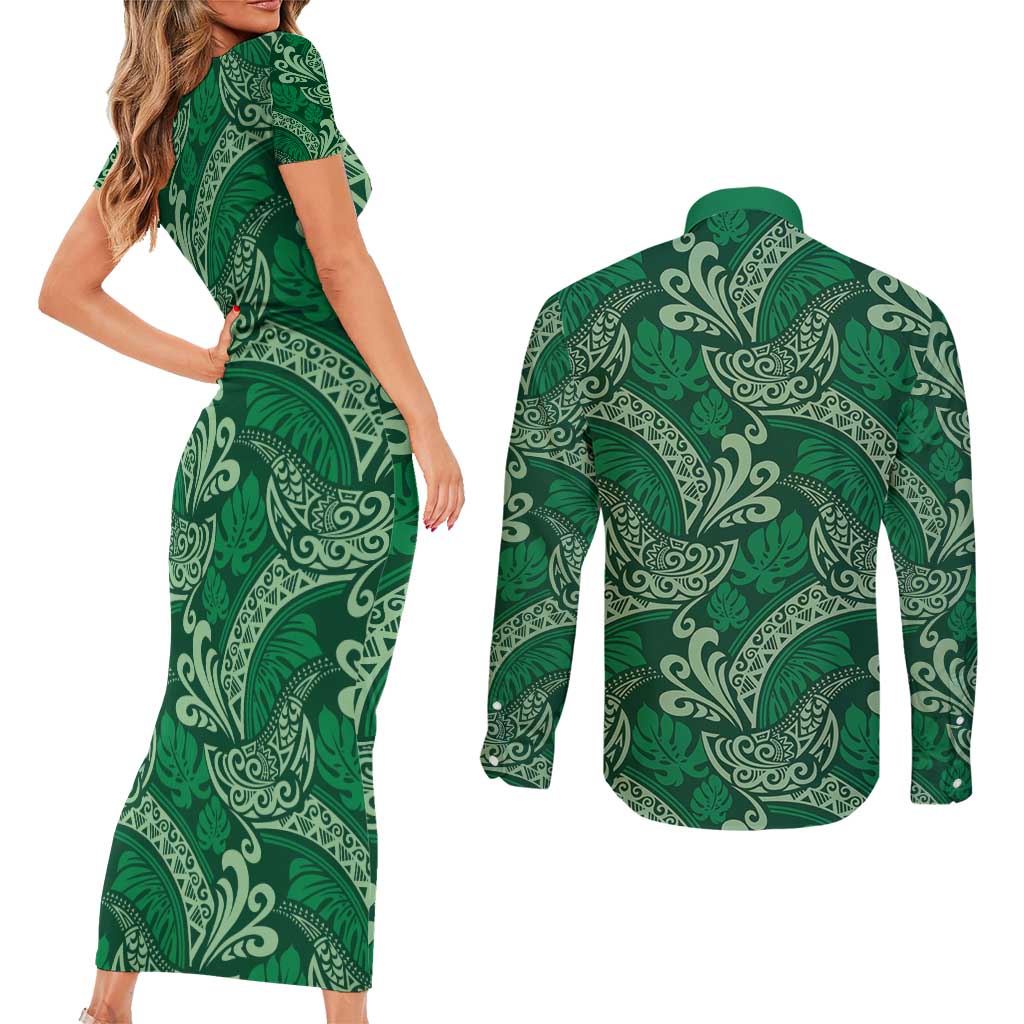 Forest Green Monstera Couples Matching Short Sleeve Bodycon Dress and Long Sleeve Button Shirt Polynesian Tribal Pattern LT01 - Polynesian Pride