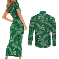 Forest Green Monstera Couples Matching Short Sleeve Bodycon Dress and Long Sleeve Button Shirt Polynesian Tribal Pattern LT01 - Polynesian Pride