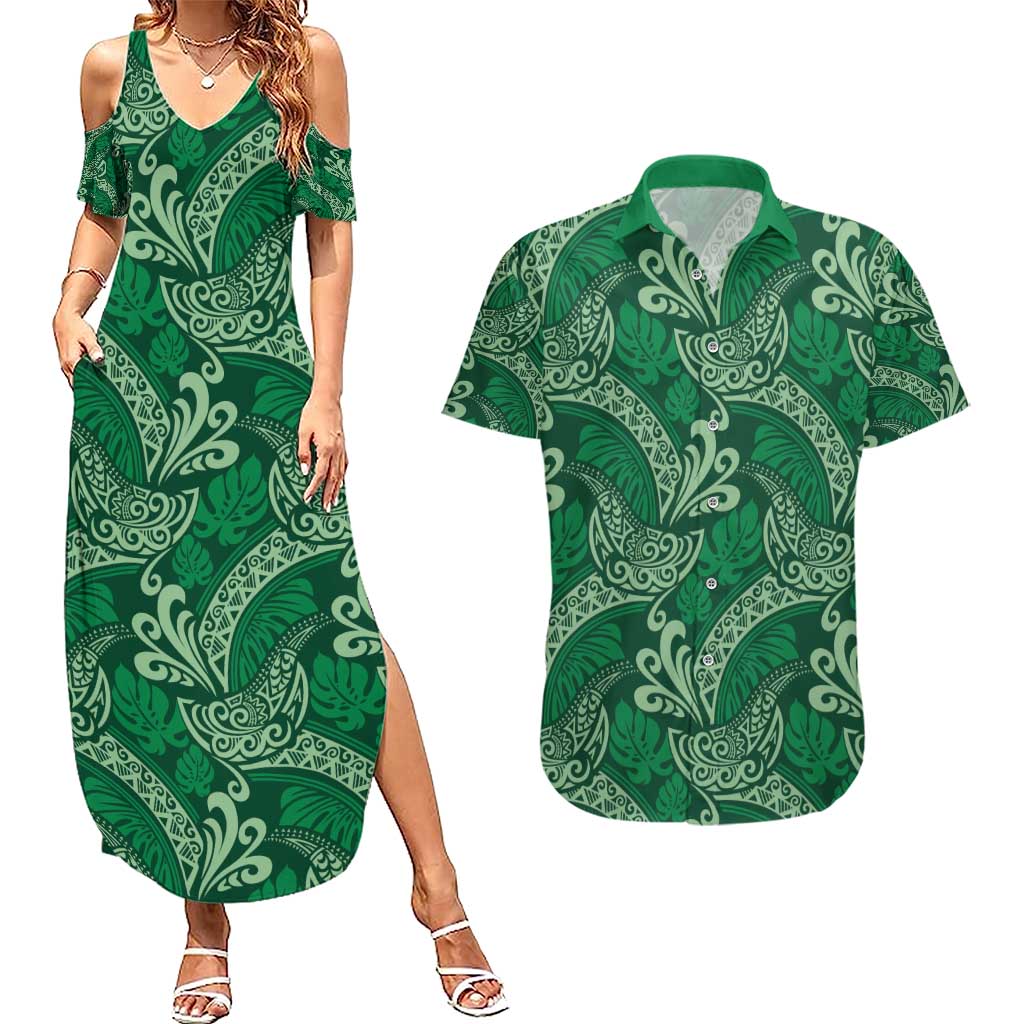 Forest Green Monstera Couples Matching Summer Maxi Dress and Hawaiian Shirt Polynesian Tribal Pattern - Polynesian Pride