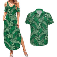 Forest Green Monstera Couples Matching Summer Maxi Dress and Hawaiian Shirt Polynesian Tribal Pattern LT01 Green - Polynesian Pride