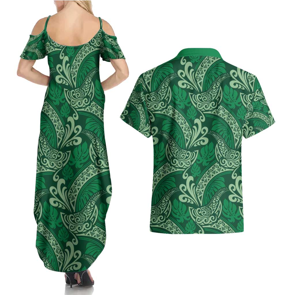 Forest Green Monstera Couples Matching Summer Maxi Dress and Hawaiian Shirt Polynesian Tribal Pattern LT01 - Polynesian Pride