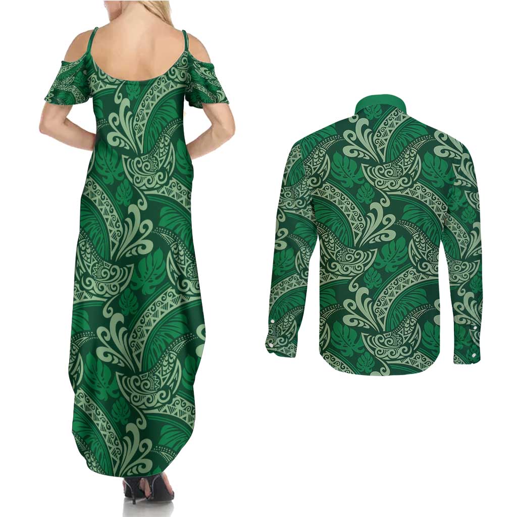 Forest Green Monstera Couples Matching Summer Maxi Dress and Long Sleeve Button Shirt Polynesian Tribal Pattern - Polynesian Pride