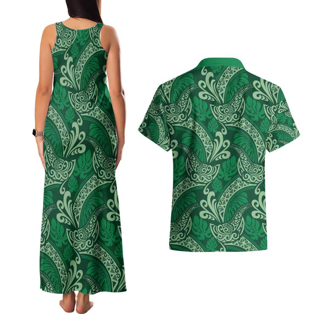Forest Green Monstera Couples Matching Tank Maxi Dress and Hawaiian Shirt Polynesian Tribal Pattern LT01 - Polynesian Pride