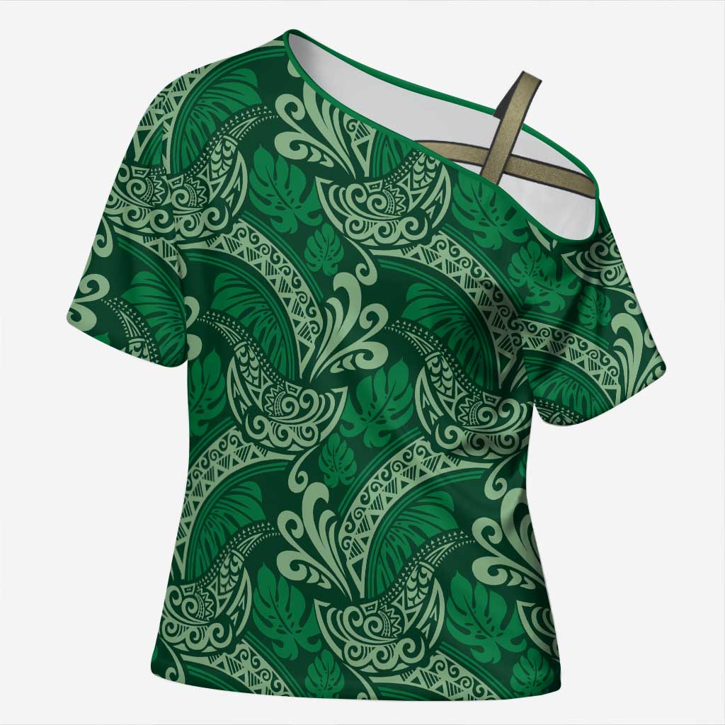 Forest Green Monstera Cross Shoulder Shirt Polynesian Tribal Pattern LT01 Female Green - Polynesian Pride