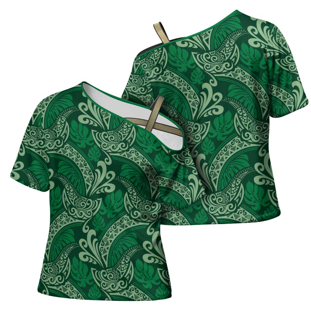 Forest Green Monstera Cross Shoulder Shirt Polynesian Tribal Pattern LT01 - Polynesian Pride