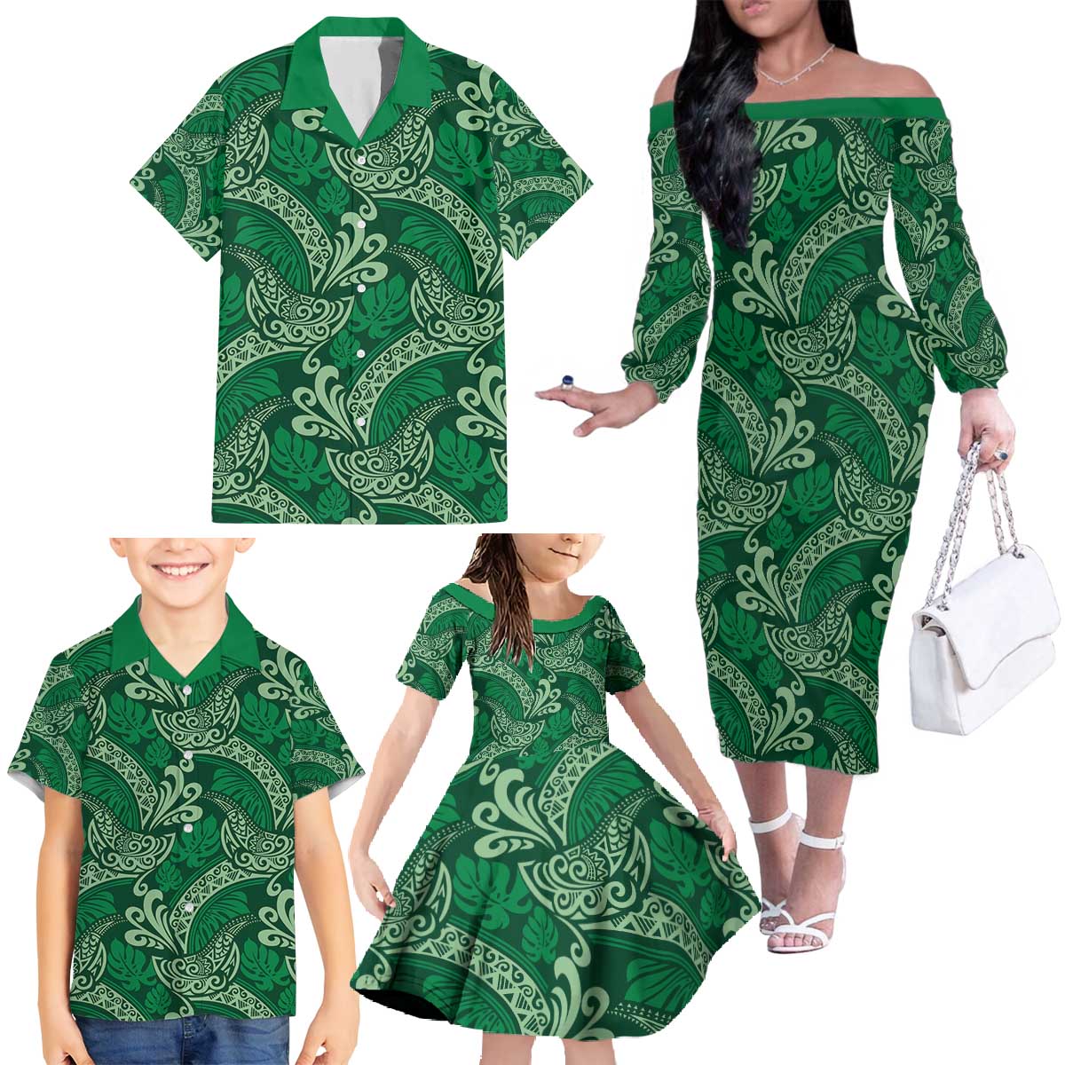 Forest Green Monstera Family Matching Off The Shoulder Long Sleeve Dress and Hawaiian Shirt Polynesian Tribal Pattern - Polynesian Pride