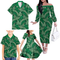 Forest Green Monstera Family Matching Off The Shoulder Long Sleeve Dress and Hawaiian Shirt Polynesian Tribal Pattern - Polynesian Pride