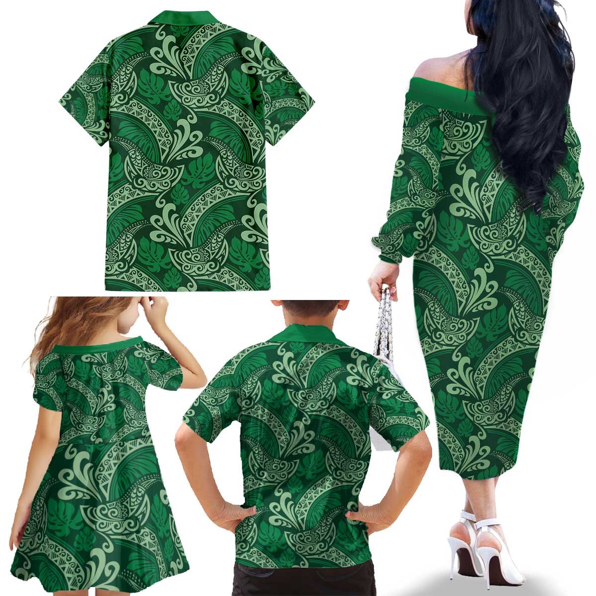 Forest Green Monstera Family Matching Off The Shoulder Long Sleeve Dress and Hawaiian Shirt Polynesian Tribal Pattern - Polynesian Pride