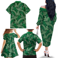 Forest Green Monstera Family Matching Off The Shoulder Long Sleeve Dress and Hawaiian Shirt Polynesian Tribal Pattern - Polynesian Pride